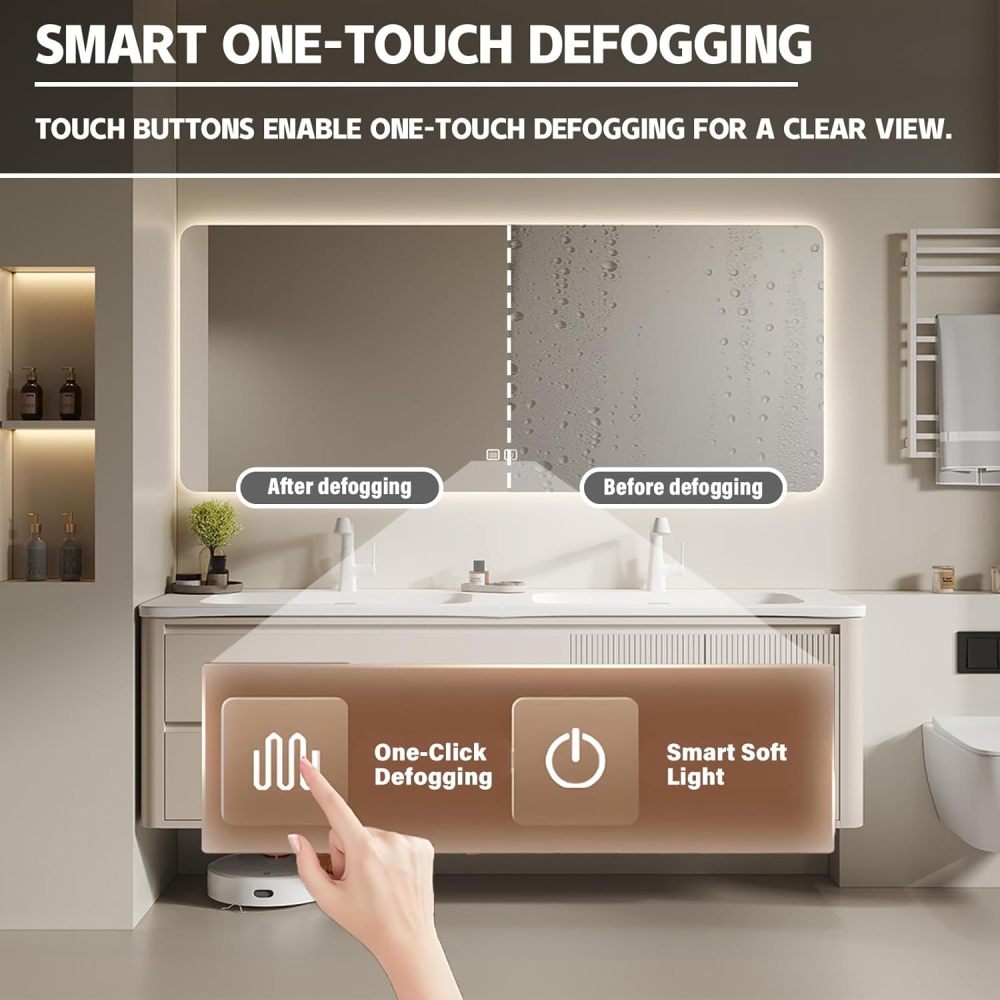 92IN Solid Wood Bathroom Vanity with Sink - Single Floating Sink Design, Retro Bathroom Vanity Cabinet with Smart Defog Mirror & Seamless Stone Sink& Ample Storage - Customizable Sizes