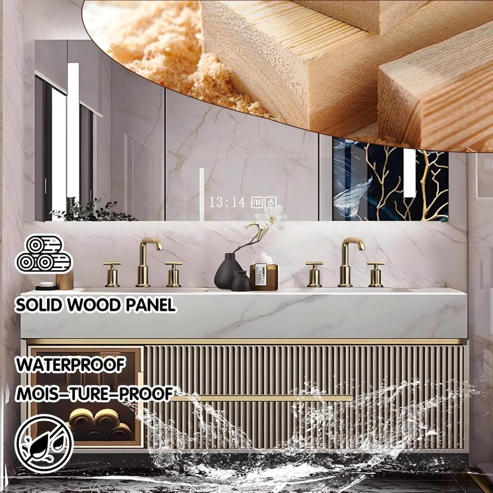 92 inch Double Sink Bathroom Vanity - Luxury Floating Sink Cabinet, Solid Wood Bathroom Vanity with LED Defog Mirror and Large Storage Striped Cabinet, Includes Accessories, Gold