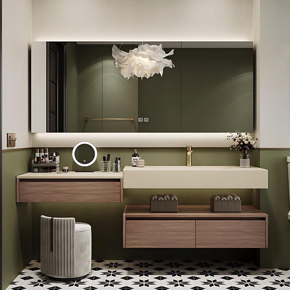 90IN Bathroom Vanity - Modern Bathroom Vanity with Smart Defog Mirror, Luxury Sink Cabinet with Multiple Storage Areas, Includes Makeup Stool, No Assembly Required