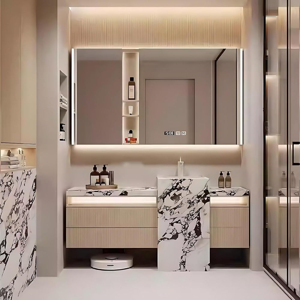 62IN Bathroom Vanity with Sink - Luxury Bathroom Vanity with 4 Storage Drawers, Simple Sink Cabinet with Smart Defogging Mirror, Customizable Sizes, No Assembly Required