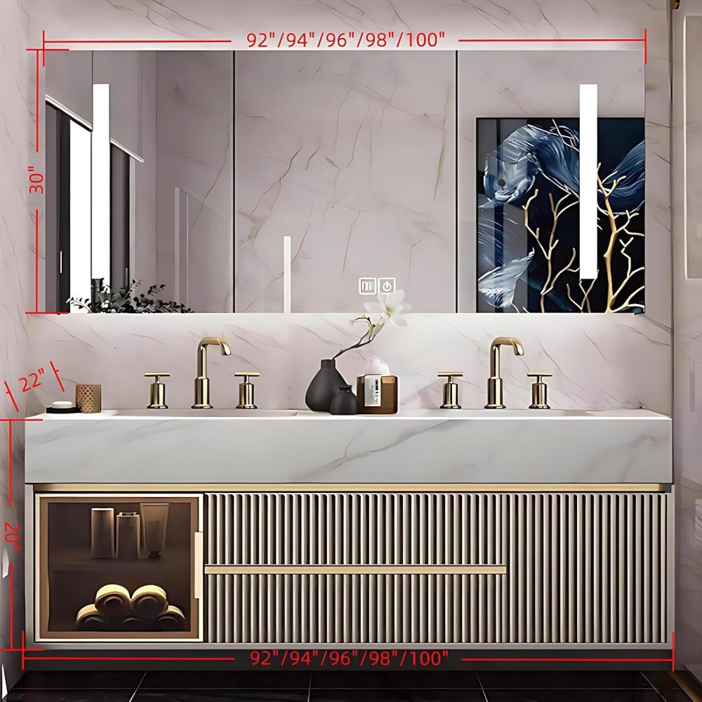 92 inch Double Sink Bathroom Vanity - Luxury Floating Sink Cabinet, Solid Wood Bathroom Vanity with LED Defog Mirror and Large Storage Striped Cabinet, Includes Accessories, Gold
