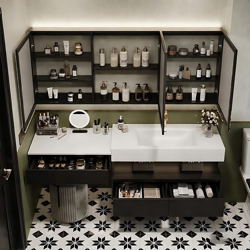 90IN Bathroom Vanity - Modern Bathroom Vanity with Smart Defog Mirror, Luxury Sink Cabinet with Multiple Storage Areas, Includes Makeup Stool, No Assembly Required