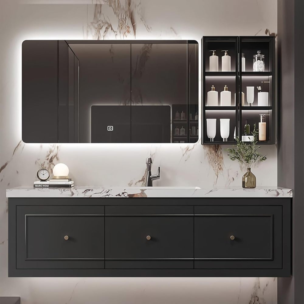 72 inch Bathroom Vanity - Bathroom Vanity with Smart LED Mirror & Glass Door Cabinet, Large Countertop and Integrated Basin, Includes Accessories, Black