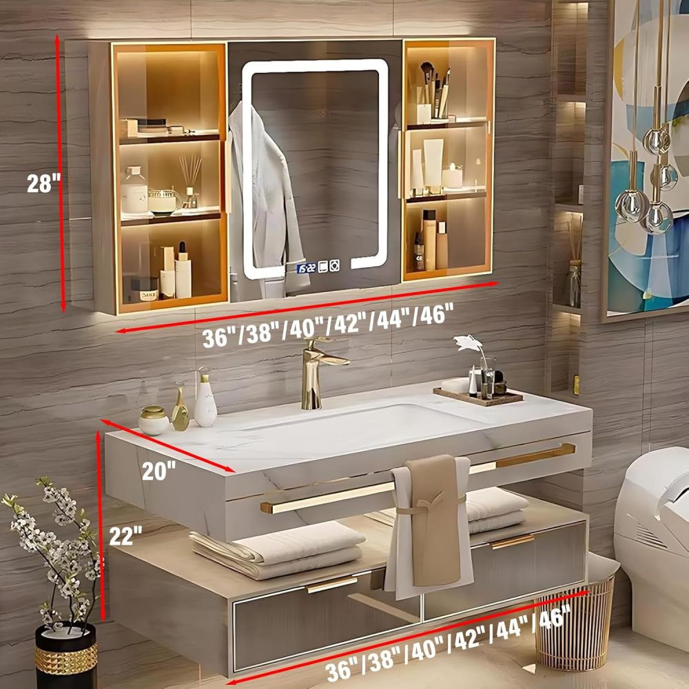 98IN Modern Solid Wood Bathroom Vanity with Sink - Stylish Bathroom Vanity Cabinet with Smart Anti-Fog Mirror, Integrated Stone Sink, Ample Storage & Customizable Sizes, Single Sink