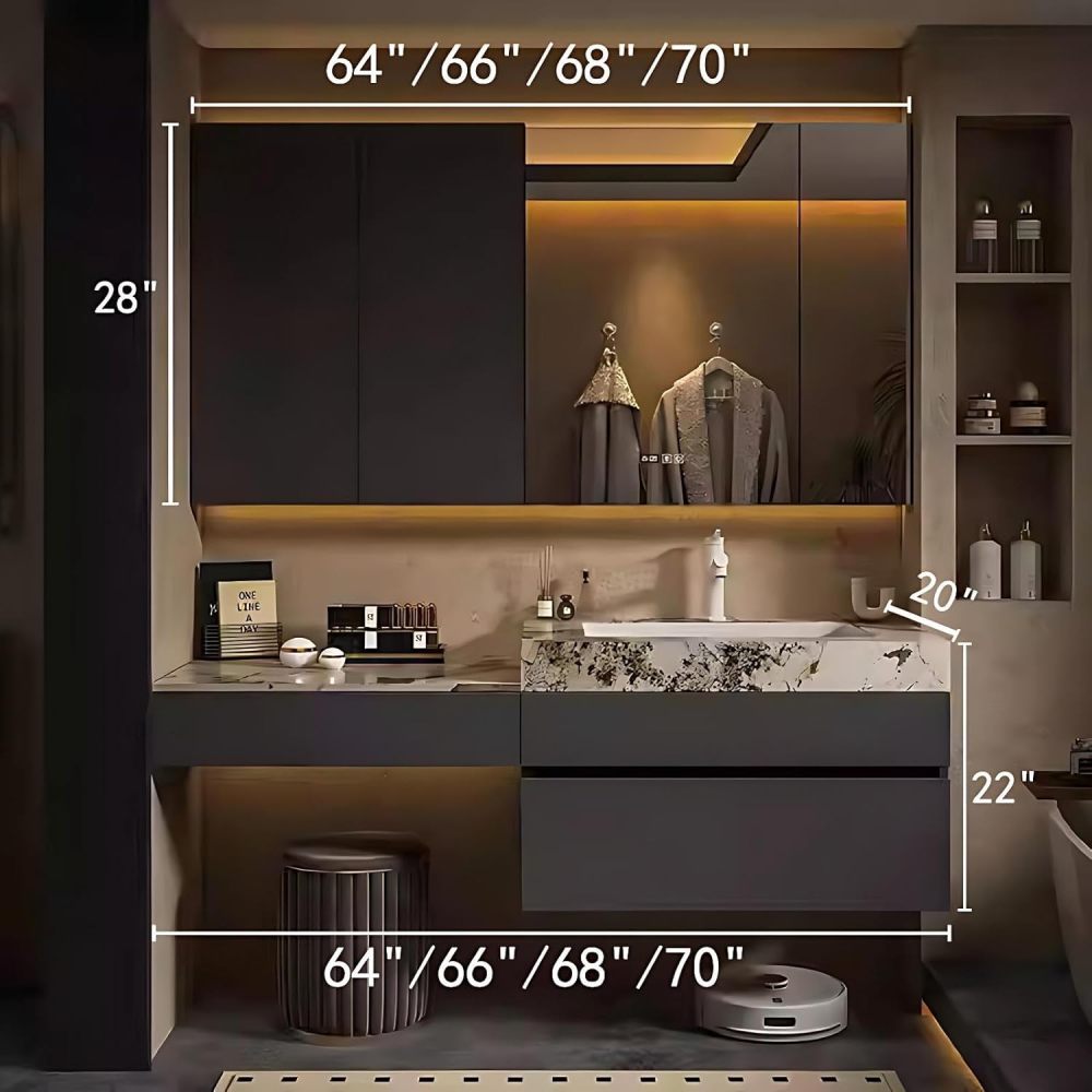 66IN Bathroom Vanity with Sink - Modern Bathroom Vanity with Smart Defog Mirror, Simple Sink Cabinet with 2 Drawers, Includes Makeup Stool, No Assembly Required