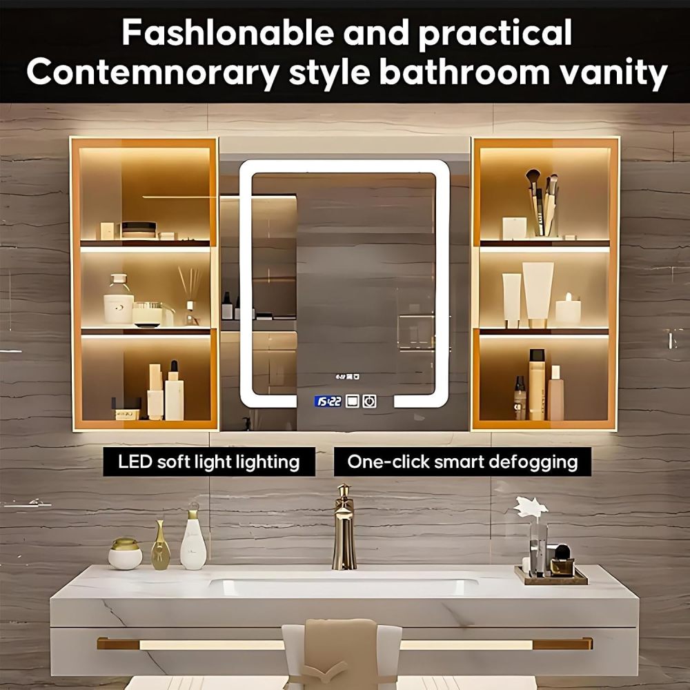 78IN Double Sink Bathroom Vanity - Luxury Double Sink with LED Smart Defog Mirror Cabinet, Soft-Close Large Drawers, Open Storage Shelves, Complete Accessorie, Wood