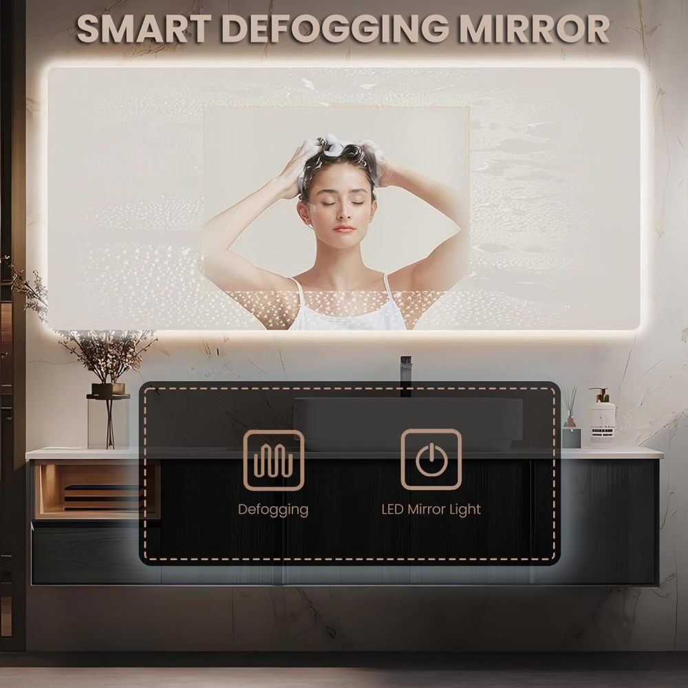 72 inch Bathroom Vanity with Sink - Floating Bathroom Vanity with Smart Defogging Mirror, Countertop Basin, Two Drawers, Open Storage Compartment, Include Accessories, Black B