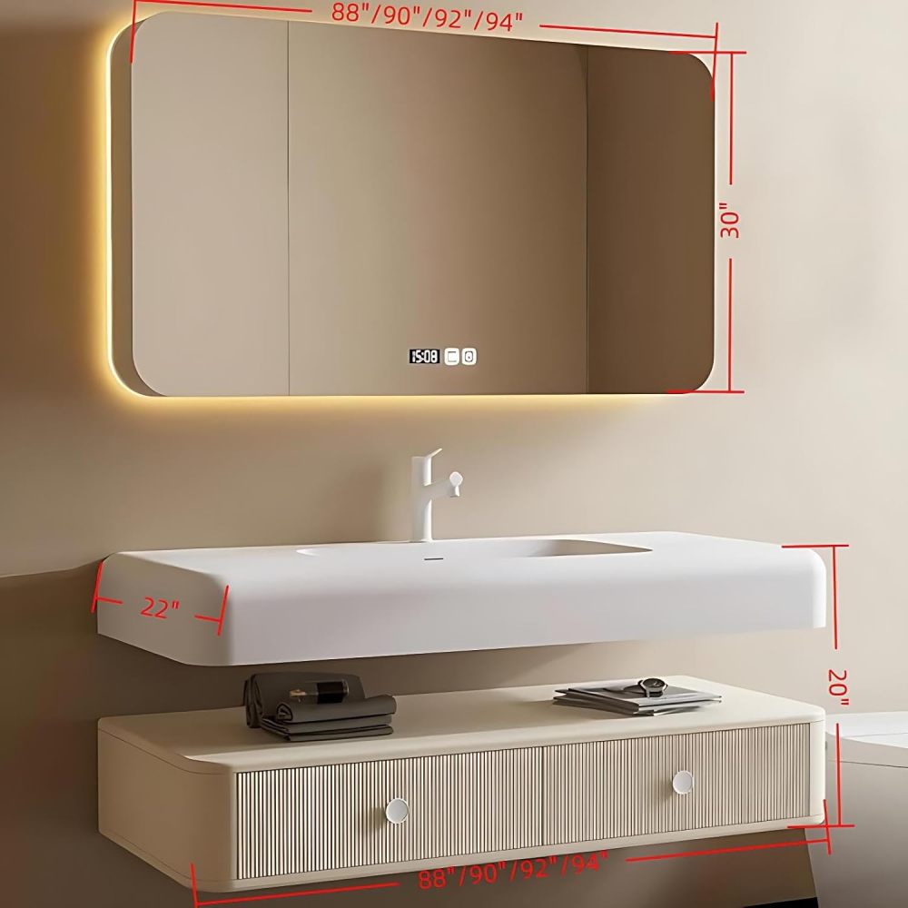 94 inch Wall-Mount Bathroom Sink Vanity - Floating Bathroom Vanity with LED Smart Defog Mirror Cabinet, Solid Wood, Seamless Countertop, Striped Drawers, Include Accessories, Apricot