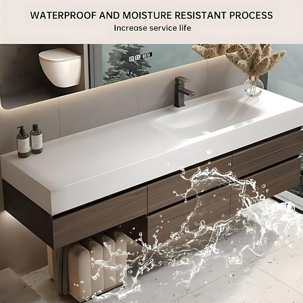 96 inch Bathroom Vanities Sink Set - Floating Bathroom Vanity with Single Sink, Makeup Area & Smart Defog Mirror & Glass Side Cabinet, Includes Accessories & Stool, Brown