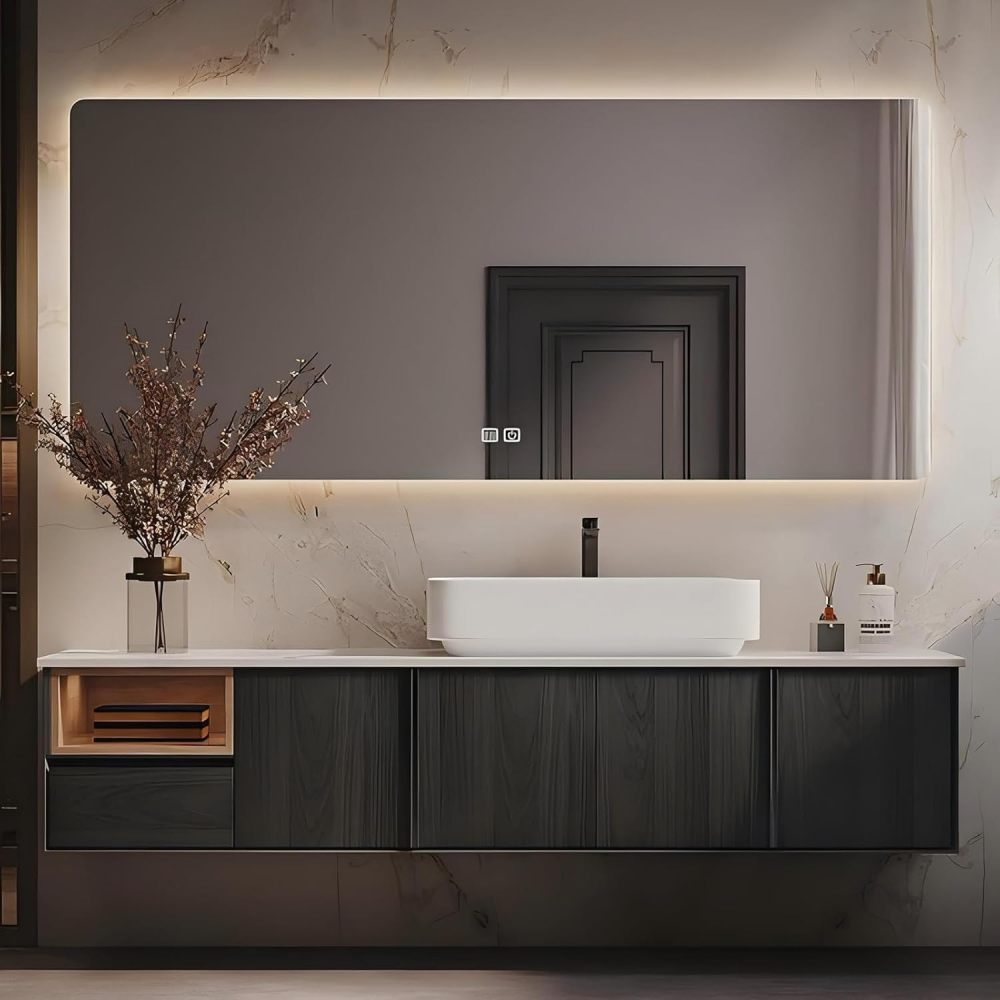 72 inch Bathroom Vanity with Sink - Floating Bathroom Vanity with Smart Defogging Mirror, Countertop Basin, Two Drawers, Open Storage Compartment, Include Accessories, Black B