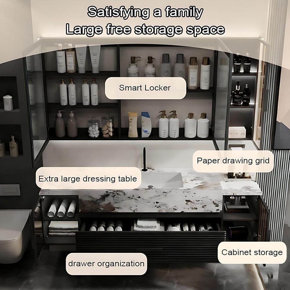 102IN Bathroom Vanity - Luxury Bathroom Vanity with Smart Defog Mirror Cabinet, Floating Sink Cabinet with Multiple Storage Areas & Seamless Sink, No Assembly Required