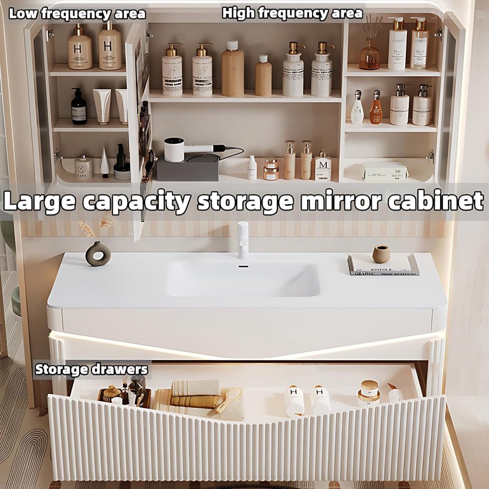 Modern Bathroom Vanity - Bathroom Vanity with Sink & Defog Mirror Cabinet | Solid Wood Pedestal Sink Storage Cabinet | Wall Mount | Stylish Design