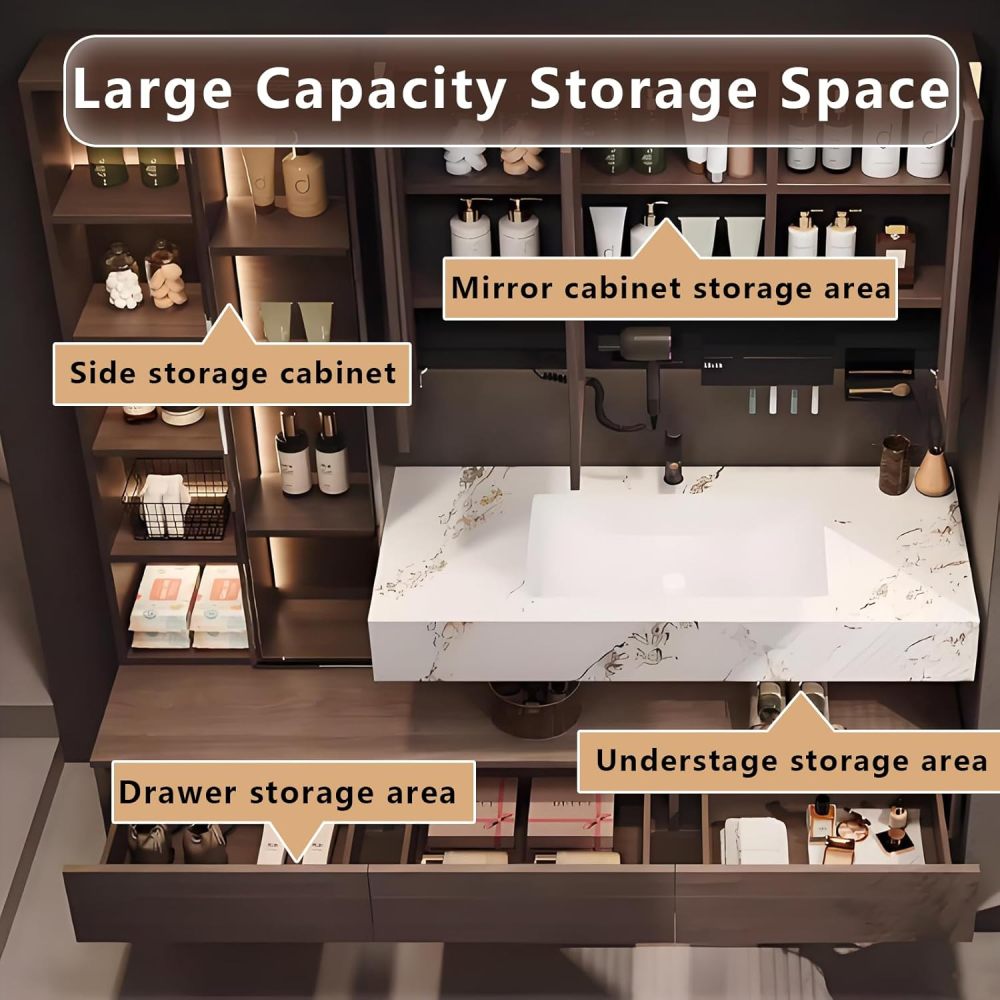 82IN Bathroom Vanity - Modern Bathroom Vanity Set with Seamless Sink & Smart LED Defog Mirror, Floating Sink with Storage Drawers & Side Cabinet, No Assembly Required, Mirror Cabinet