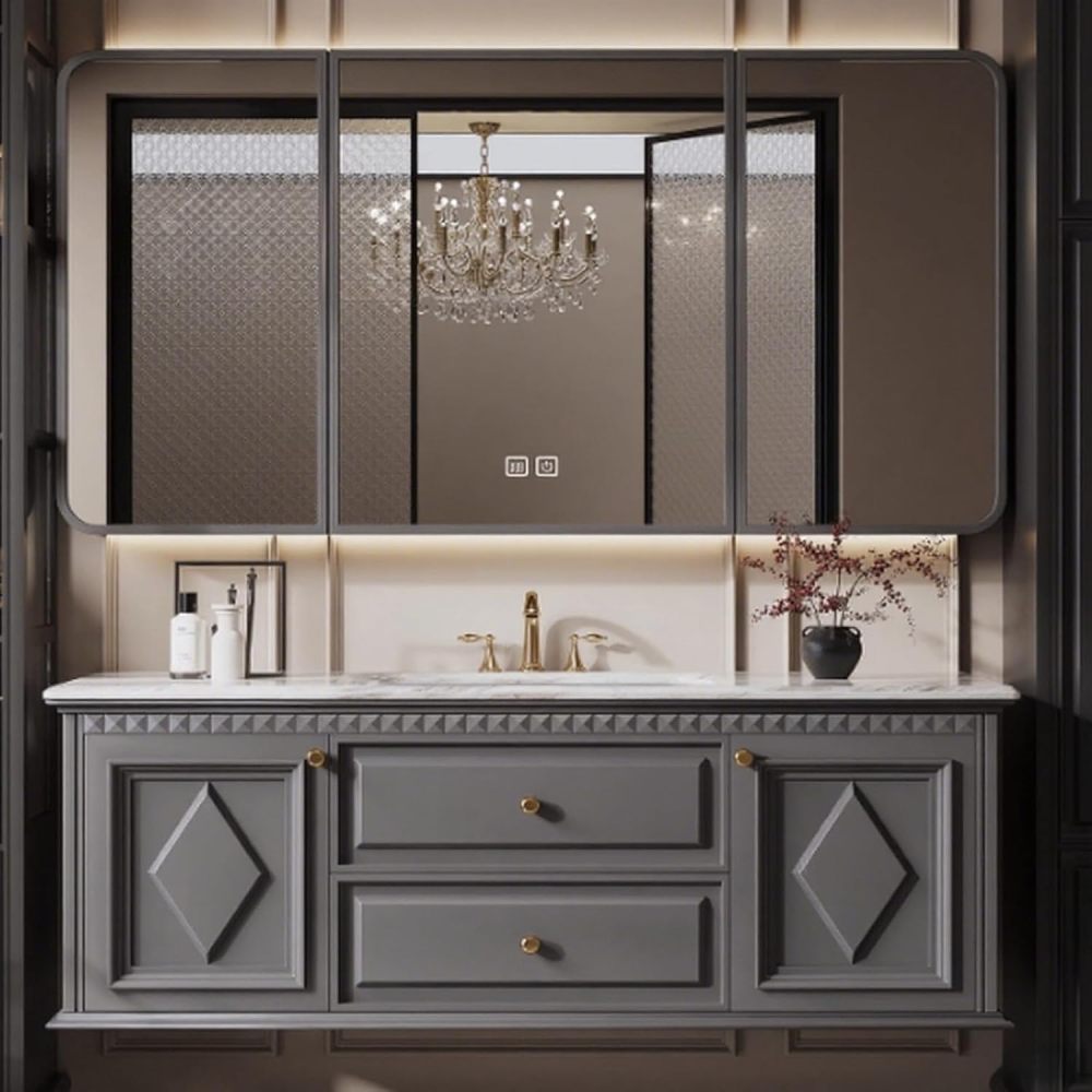 74IN Modern Solid Wood Bathroom Vanity with Sink - Single Floating Sink Design, Bathroom Vanity Cabinet with Smart Anti-Fog Mirror, One-Piece Stone Sink, Quiet Drawers, Gray