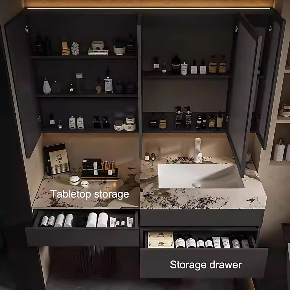 66IN Bathroom Vanity with Sink - Modern Bathroom Vanity with Smart Defog Mirror, Simple Sink Cabinet with 2 Drawers, Includes Makeup Stool, No Assembly Required