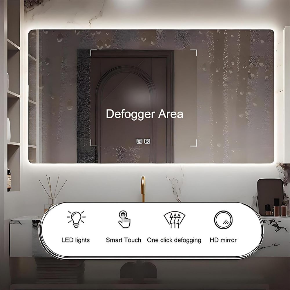 60IN Double Sink Bathroom Vanity - Luxury Bathroom Vanity with Smart Defog Mirror, Floating Sink Cabinet with Multiple Storage Areas, Includes Makeup Stool, No Assembly Required