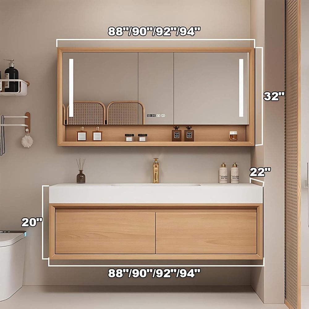 92 inch Bathroom Vanity with Sink - Modern Bathroom Vanity Set Includes LED Smart Defogging Mirror Cabinet, Floating Vanities with One Piece Sink, Includes Accessories, Wood