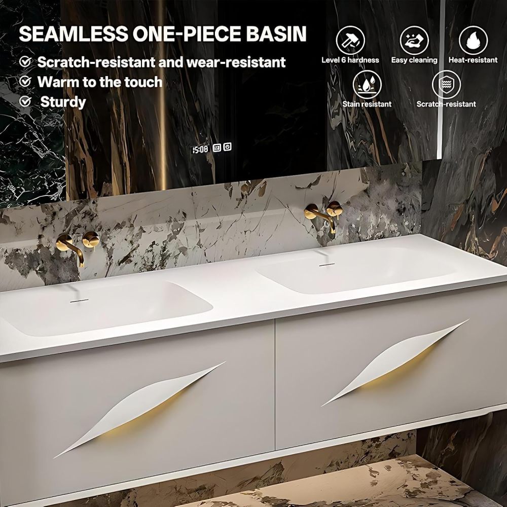 62IN Modern Bathroom Vanity with Sink - Waterproof Bathroom Sink Cabinet with Mirror, Wall-Mounted Vanity, Intelligent Defogging, Solid Wood, Customizable Sizes - Easy to Install, White