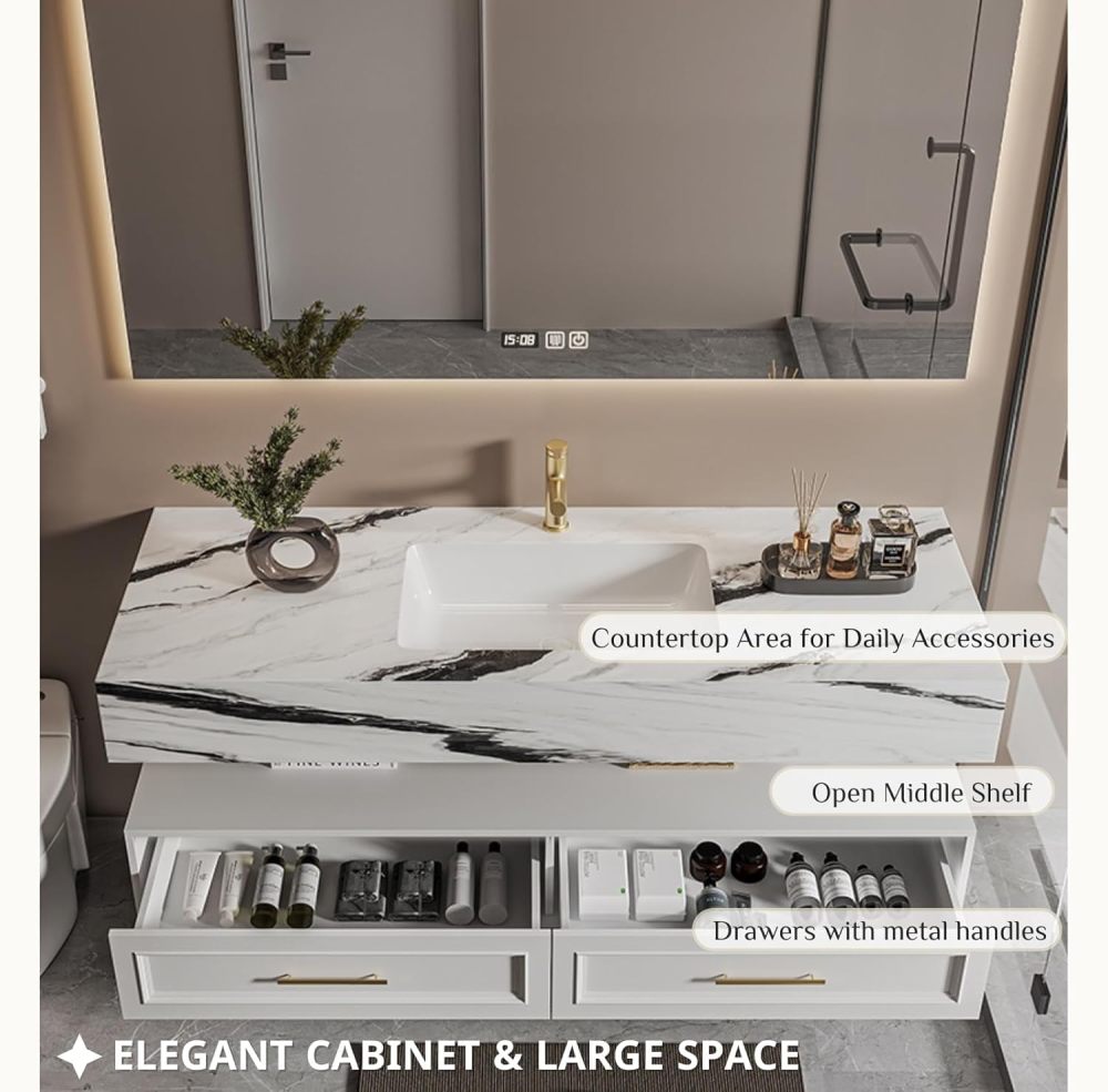 48IN Bathroom Vanity with Sink - Floating Vanity Sink Cabinet with Marble Countertop & Integrated Basin, Defog Mirror, Oak Solid Wood Vanity with Drawers, Includes Accessories, Marble White