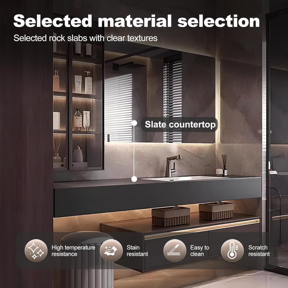 96IN Bathroom Vanity with Sink - Modern Vanity with Square Smart Defog Mirror & LED Glass Side Cabinet, Large Countertop, Includes Makeup Stool & Accessories, Walnut