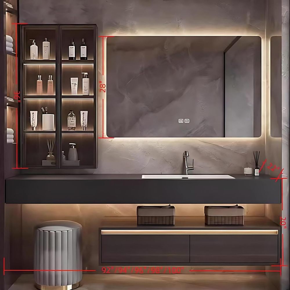 96IN Bathroom Vanity with Sink - Modern Vanity with Square Smart Defog Mirror & LED Glass Side Cabinet, Large Countertop, Includes Makeup Stool & Accessories, Walnut