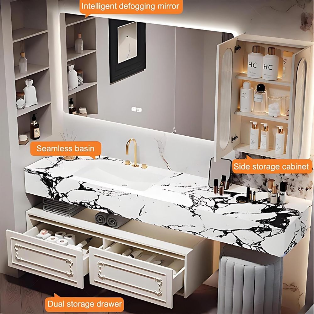 60IN Double Sink Bathroom Vanity - Luxury Bathroom Vanity with Smart Defog Mirror, Floating Sink Cabinet with Multiple Storage Areas, Includes Makeup Stool, No Assembly Required
