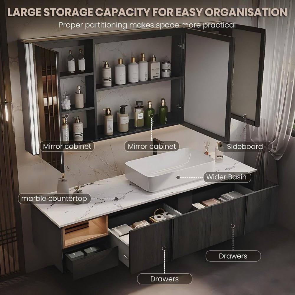 72 inch Bathroom Vanity with Sink - Floating Bathroom Vanity with Smart Defogging Mirror, Countertop Basin, Two Drawers, Open Storage Compartment, Include Accessories, Black B
