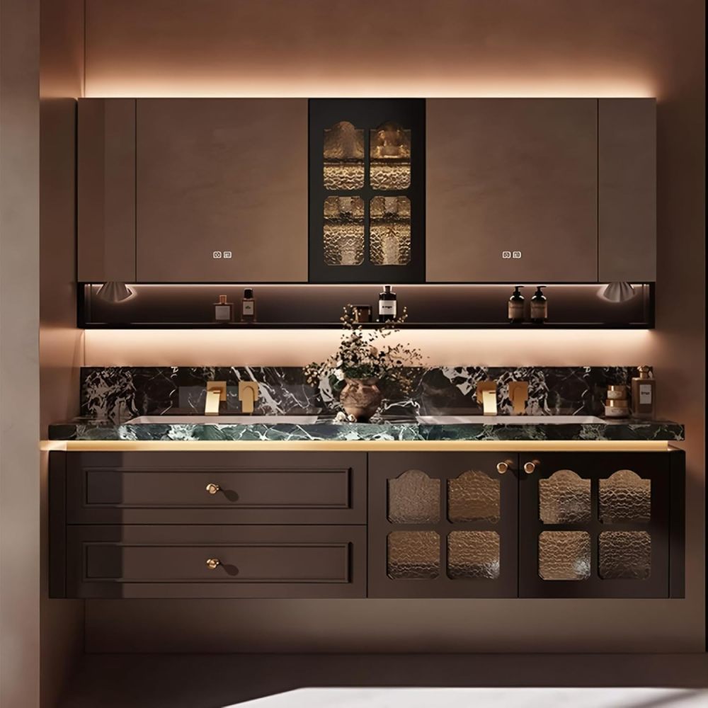 84IN Double Sink Bathroom Vanity - Floating Bathroom Vanity with Smart LED Defogger Mirror & Marble Countertop, Large Storage Cabinet with Glass Door, Includes Accessories, Brown