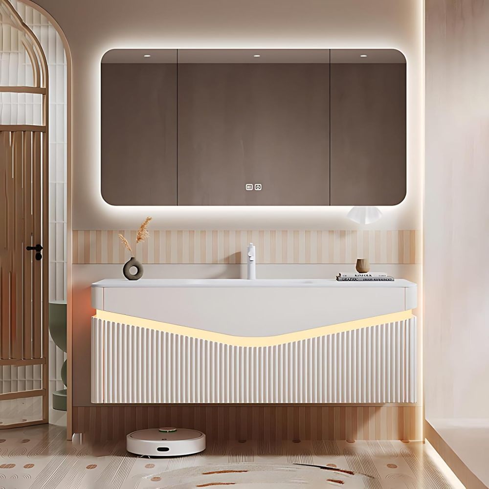 Modern Bathroom Vanity - Bathroom Vanity with Sink & Defog Mirror Cabinet | Solid Wood Pedestal Sink Storage Cabinet | Wall Mount | Stylish Design