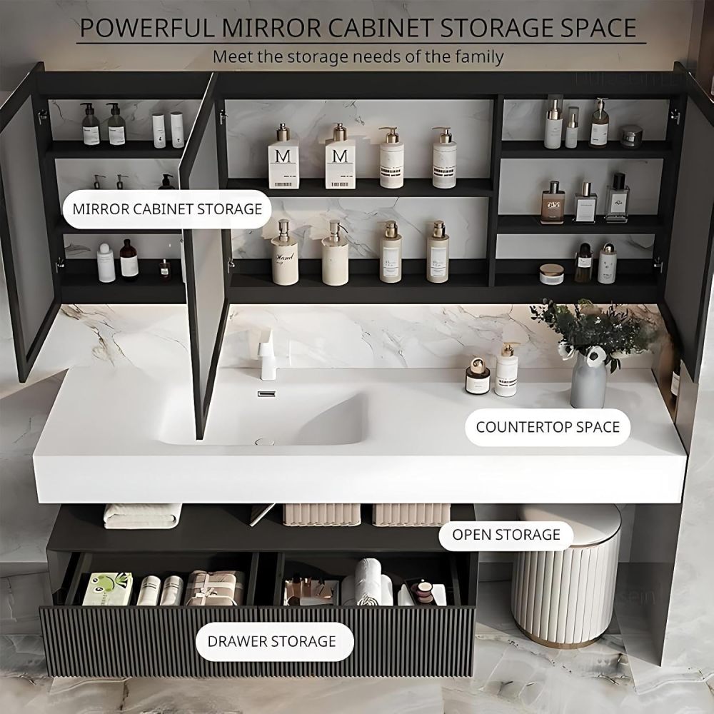 96 inch Bathroom Vanity with Sink - Modern Bathroom Vanities with Smart Defogging Mirror Cabinet, Solid Wood Extend Makeup Table Area, Includes Stool & Accessories, Black