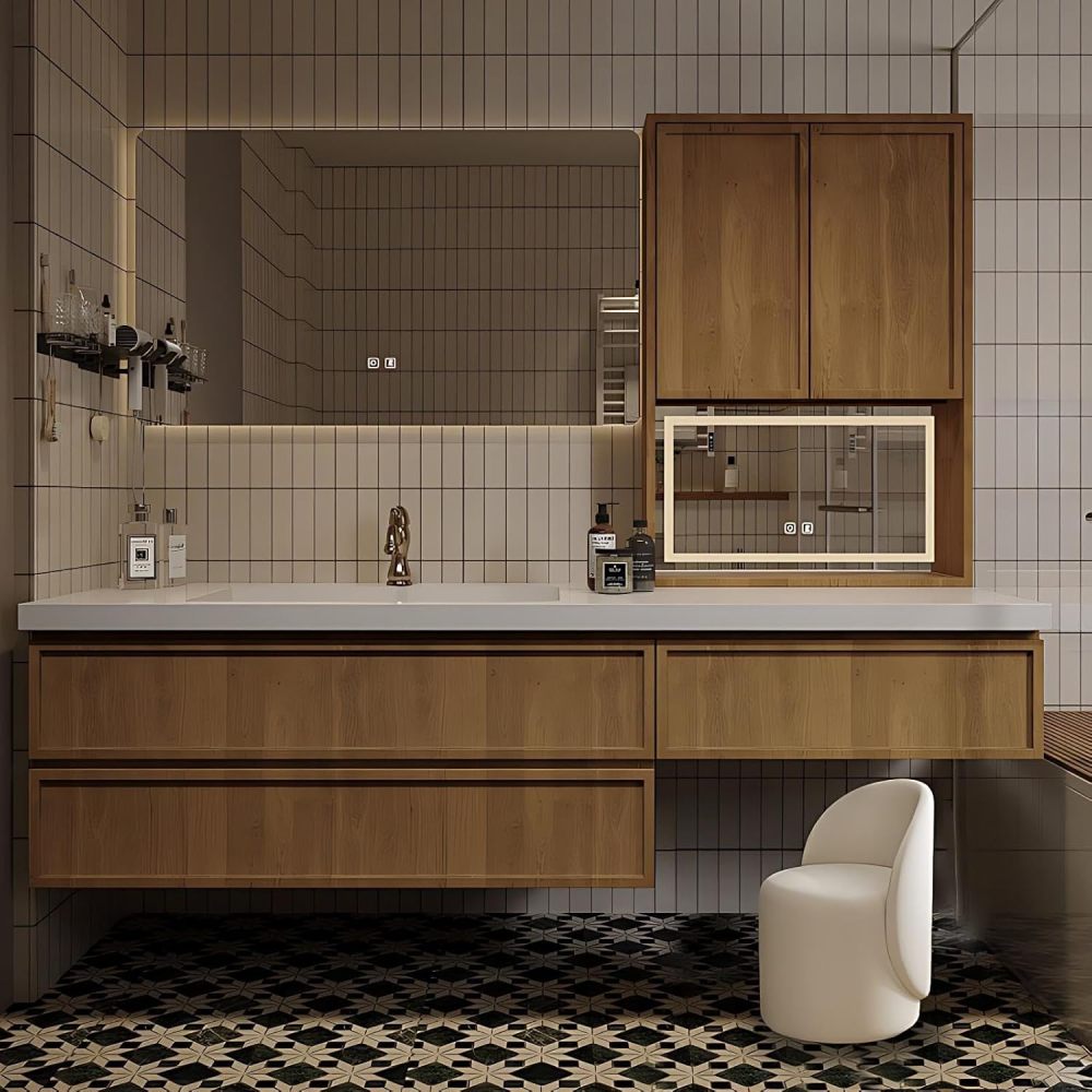 82IN Bathroom Vanity - Modern Bathroom Vanity with Drawers and Multiple Storage Areas, Solid Wood Sink Cabinet with Smart Defog Mirror, Includes Makeup Stool, No Assembly Required