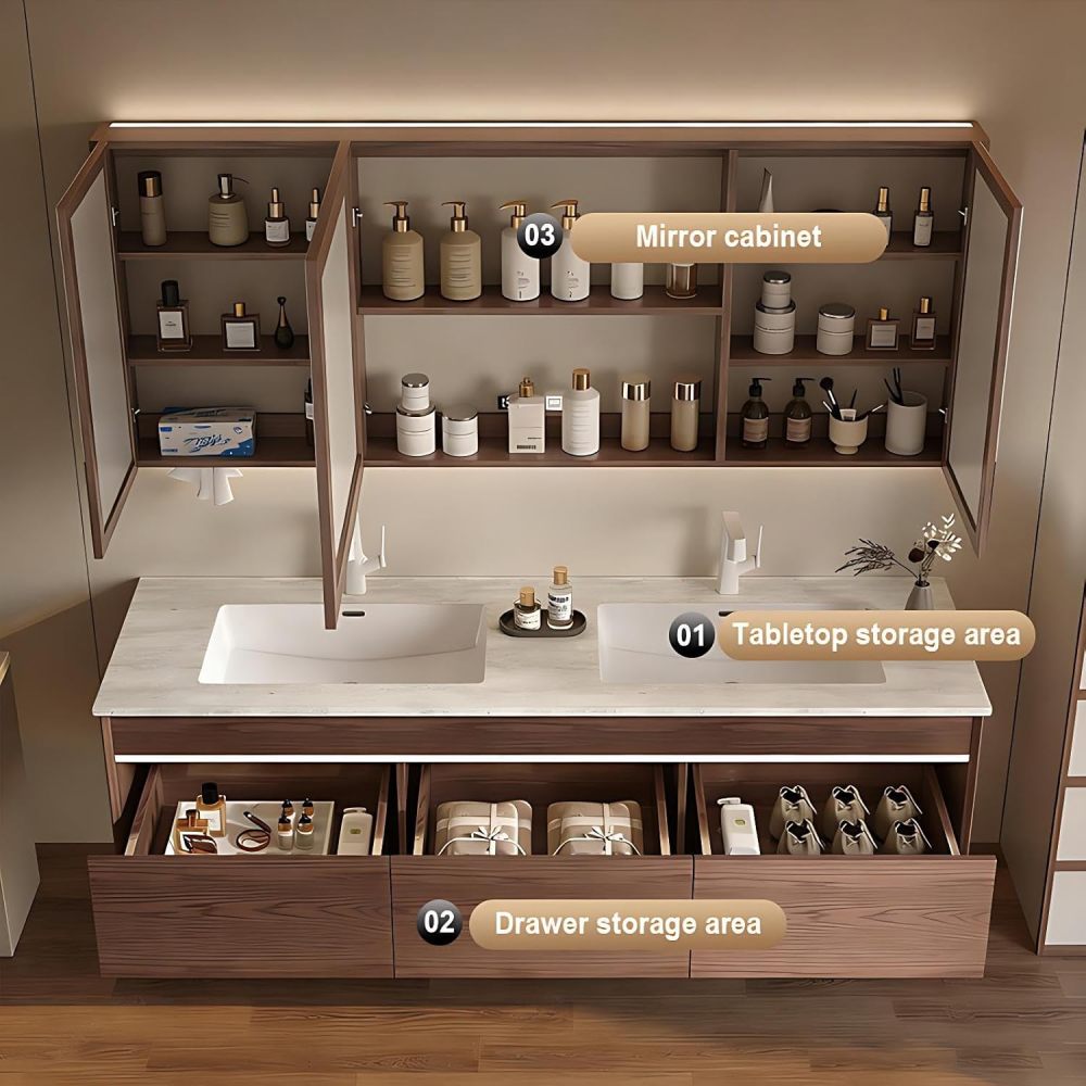 104IN Bathroom Vanity with Sink - Luxury Floating Double Sink Bathroom Vanity Cabinet with Drawers, Silent Buffer Slide Rail, Intelligent Defogging, Custom Sizes