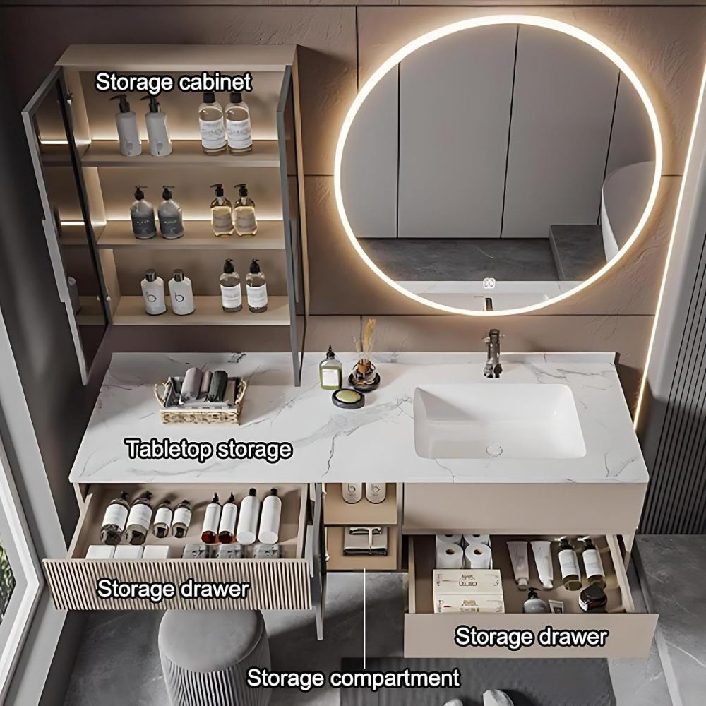 74IN Bathroom Vanity with Sink - Modern Bathroom Vanity with Makeup Vanity & Smart Defog Mirror, Stylish Sink Cabinet with Storage, Includes Makeup Stool, No Assembly Required, Off - White