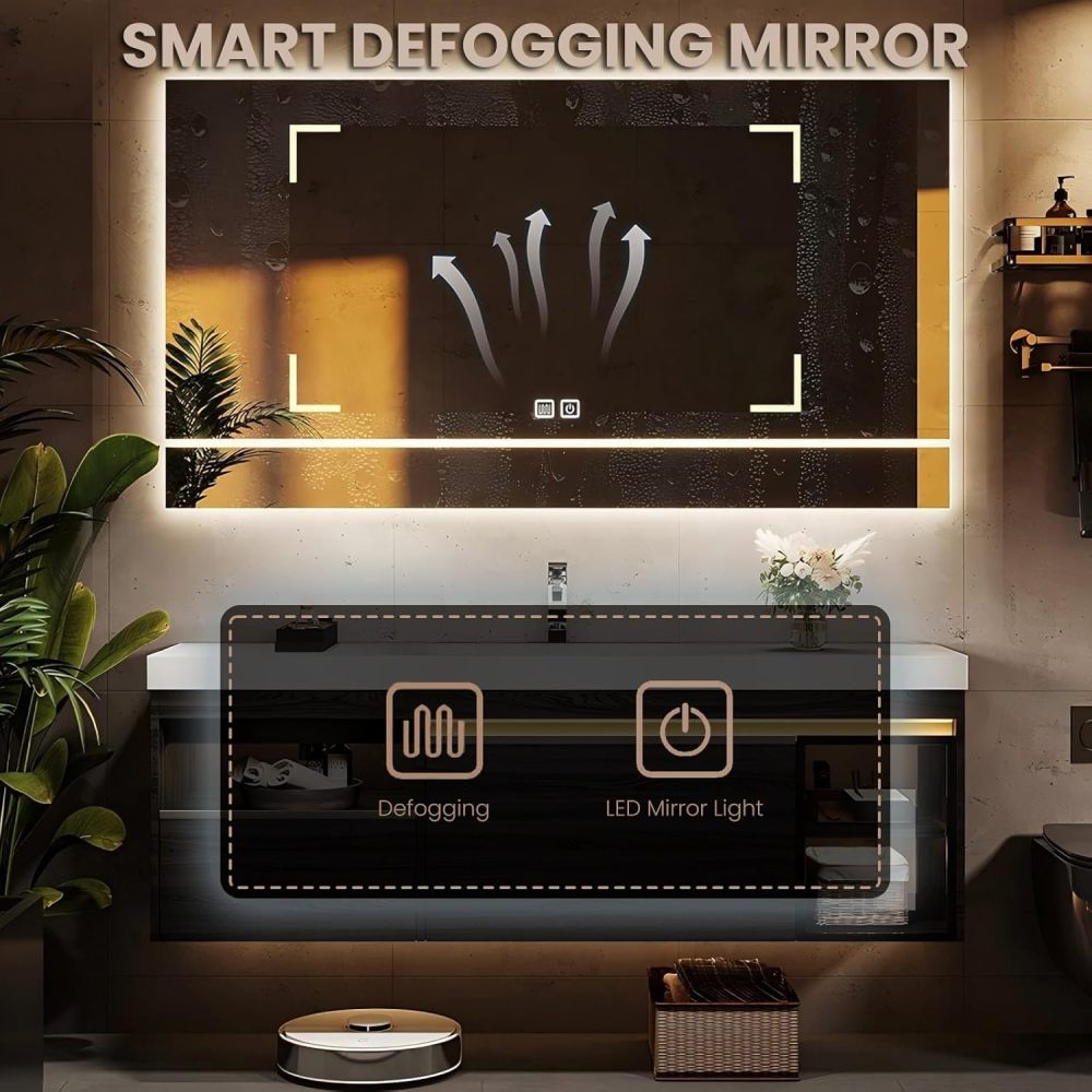 60IN Modern Solid Wood Bathroom Vanity with Sink - Stylish Bathroom Vanity Cabinet with Anti-Fog Mirror, Single Floating Sink DesignIntegrated Stone Sink, Customizable Sizes, Black