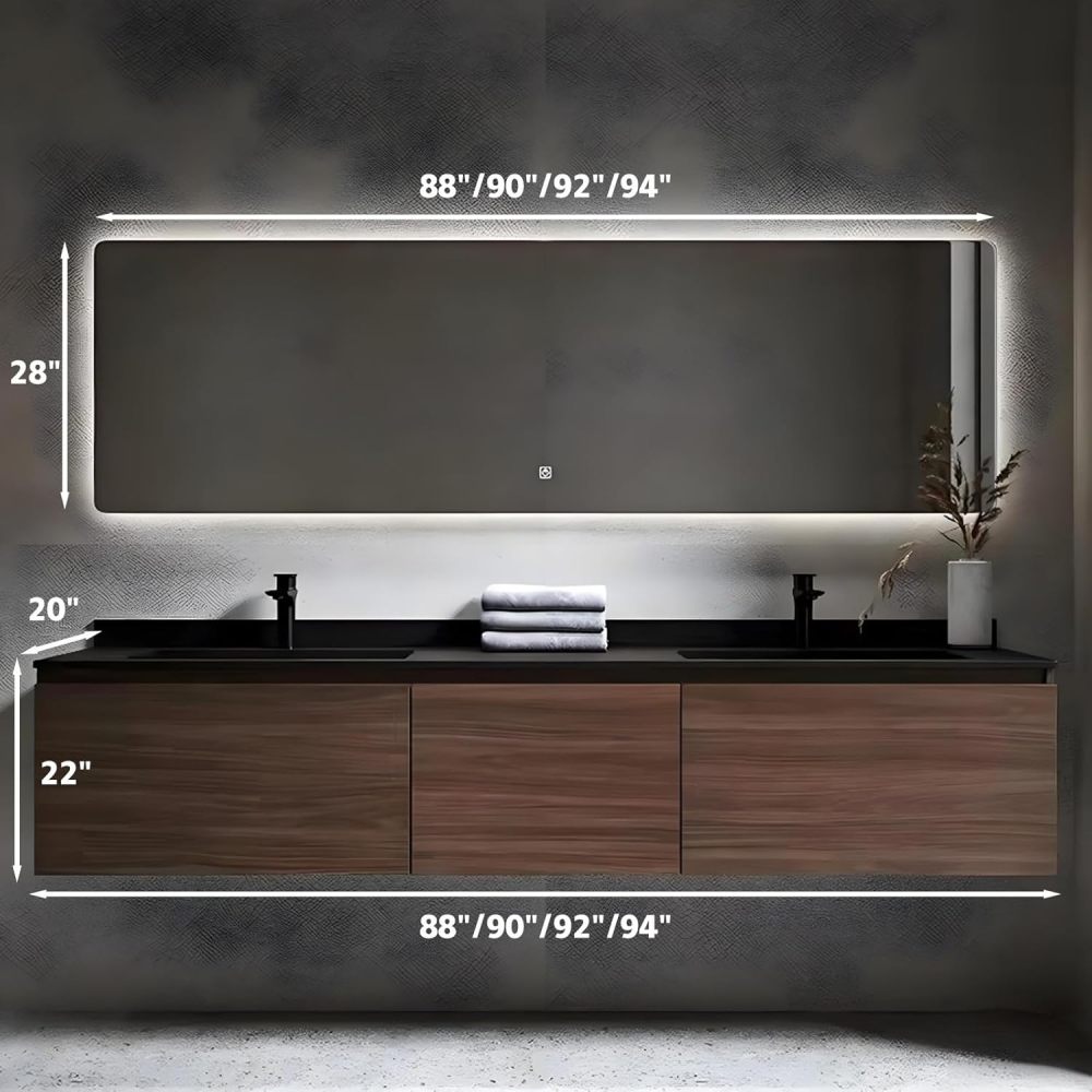90IN Modern Bathroom Vanity with Sink - Double Floating Sink Design, Bathroom Vanity Cabinet with Smart Defogging Mirror & Storage Drawers, Solid Wood - Customizable Size, Brown