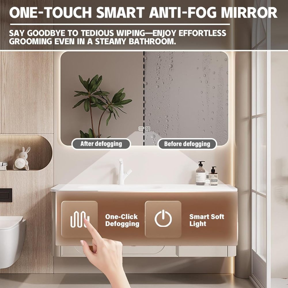 96IN Modern Solid Wood Bathroom Vanity with Sink - Single Floating Sink Design, Bathroom Vanity Cabinet with Smart Anti-Fog Mirror, Stylish Integrated Stone Sink - Easy to Install Mirror.1