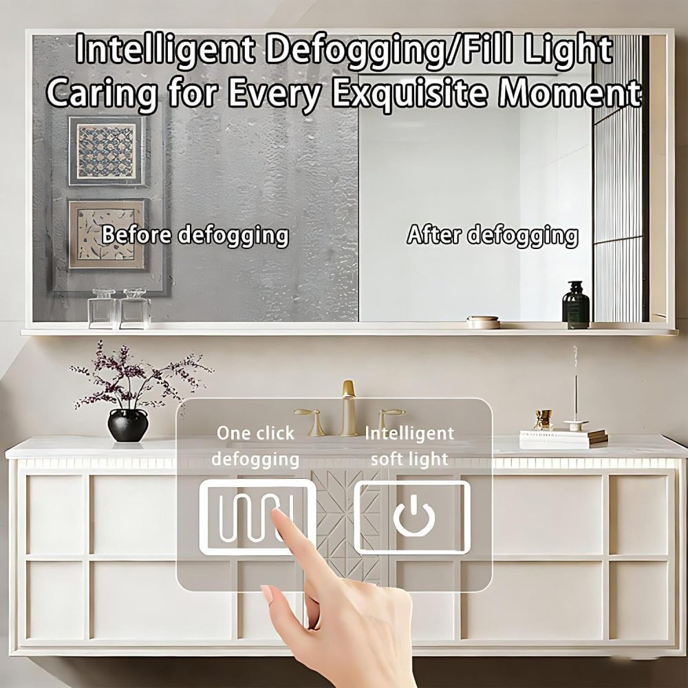 64IN Double Sink Bathroom Vanity - Modern Bathroom Vanity with Smart Defog Mirror, Floating Bathroom Sink Cabinet with Seamless Sink and 2 Drawers, No Assembly Required, Grey