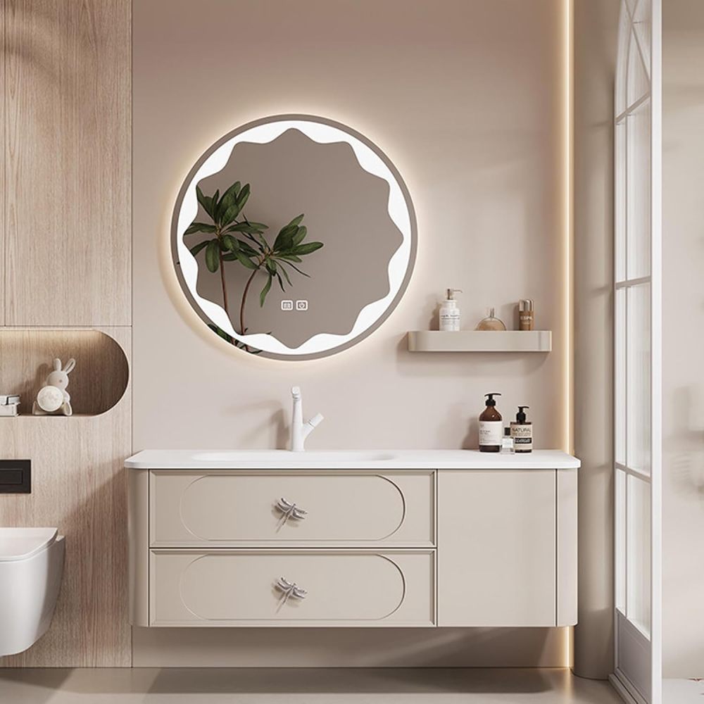 96IN Modern Solid Wood Bathroom Vanity with Sink - Single Floating Sink Design, Bathroom Vanity Cabinet with Smart Anti-Fog Mirror, Stylish Integrated Stone Sink - Easy to Install Mirror.1