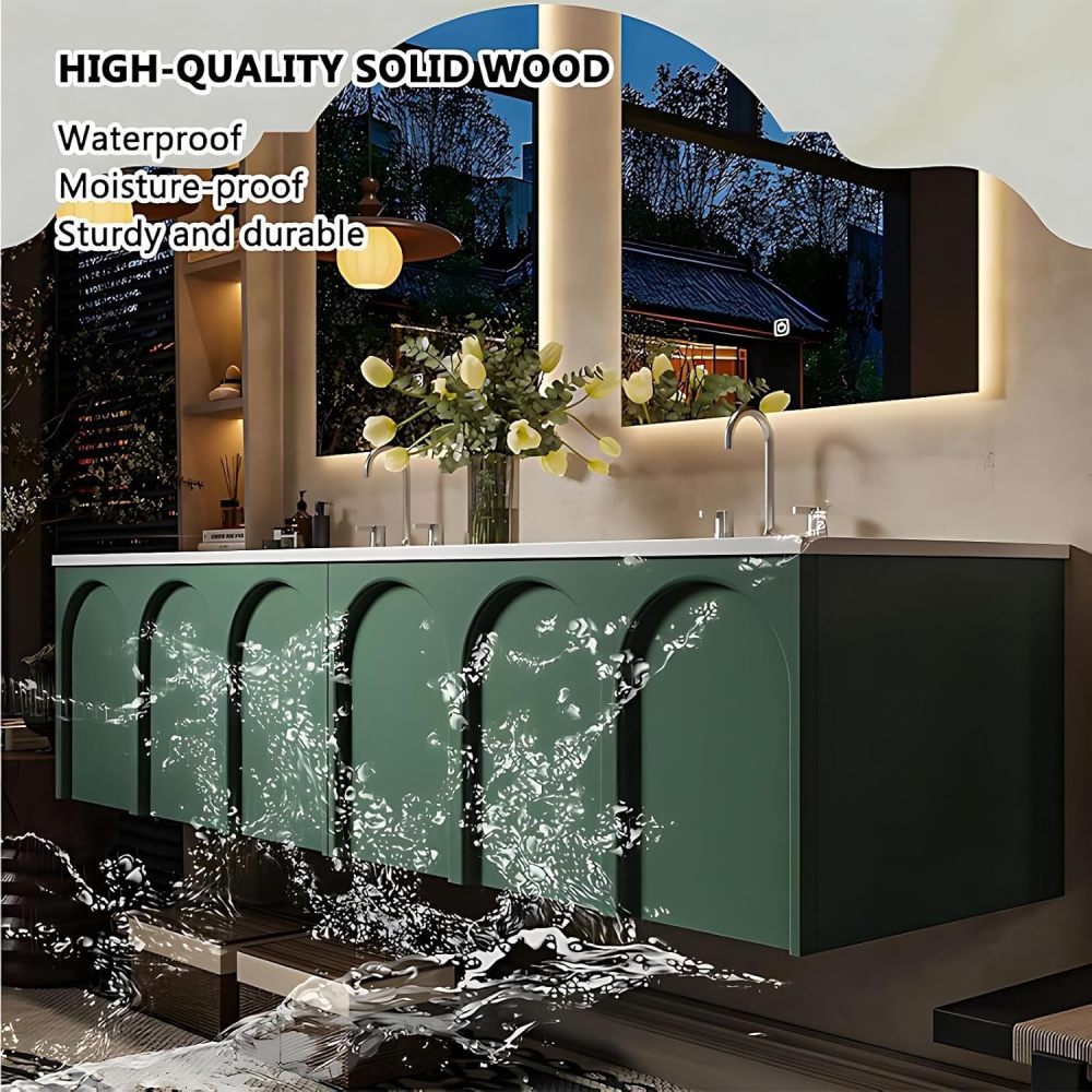 94IN Bathroom Vanity Double Sink Set - Bathroom Vanity Includes Two Smart Mirror, Large Countertop and Integrated Sink, Drawers Storage, Complete Accessorie, Fully Assembled, Green