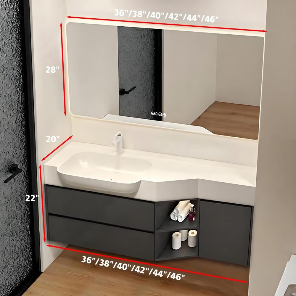 36IN Modern Bathroom Vanity with Sink - Solid Wood Bathroom Vanity Cabinet with Smart Defog Mirror, Silent Drawer, Single Wall-Mounted Floating Sink Design, Customized Size, White