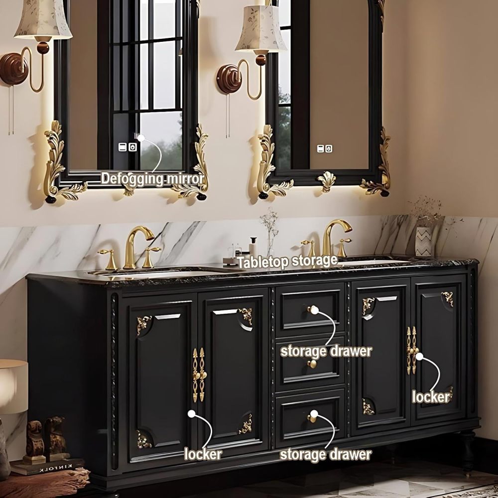 84IN Bathroom Vanity with Sink - Retro Bathroom Vanity Cabinet with Smart Anti-Fog Mirror, Double Sink Vanity, Multi-Layer Solid Wood, Custom Sizes - Complete Accessories, Mirror