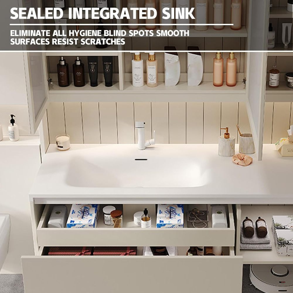 68IN Retro Solid Wood Bathroom Vanity with Sink - Stylish Bathroom Vanity Cabinet for Home Renovation, Single Floating Sink Design with Smart Defog Mirror, Ample Storage, White