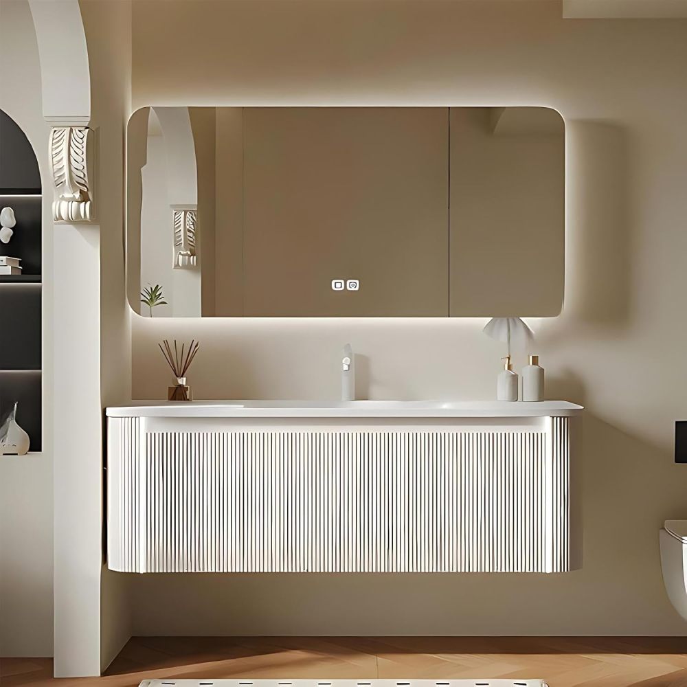 54 inch Bathroom Vanity with Sink - Solid Wood Bathroom Sink Cabinet with Large Countertop and Sensor Light, Smart Defogging Mirror Cabinet, Includes Accessories, Fully Assembled, White