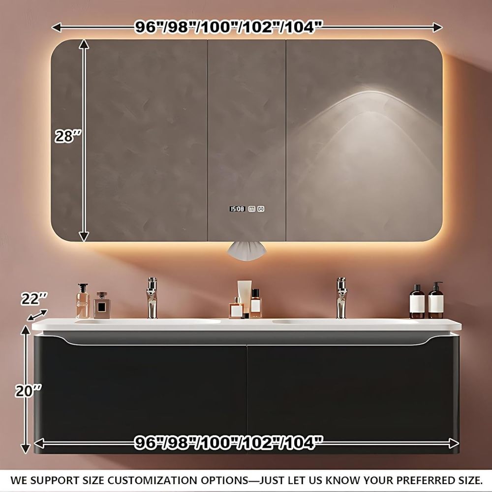 98IN Luxury Bathroom Vanity with Sink - Bathroom Vanity Cabinet with Storage, Double Floating Sink Design, Intelligent Defogging, Waterproof, Customizable Sizes - Easy to Install, White