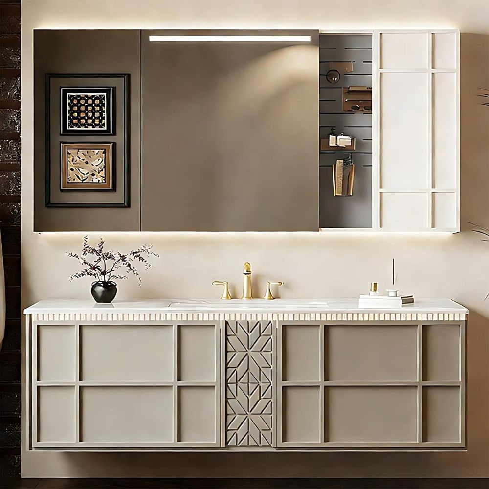 64IN Double Sink Bathroom Vanity - Modern Bathroom Vanity with Smart Defog Mirror, Floating Bathroom Sink Cabinet with Seamless Sink and 2 Drawers, No Assembly Required, Grey