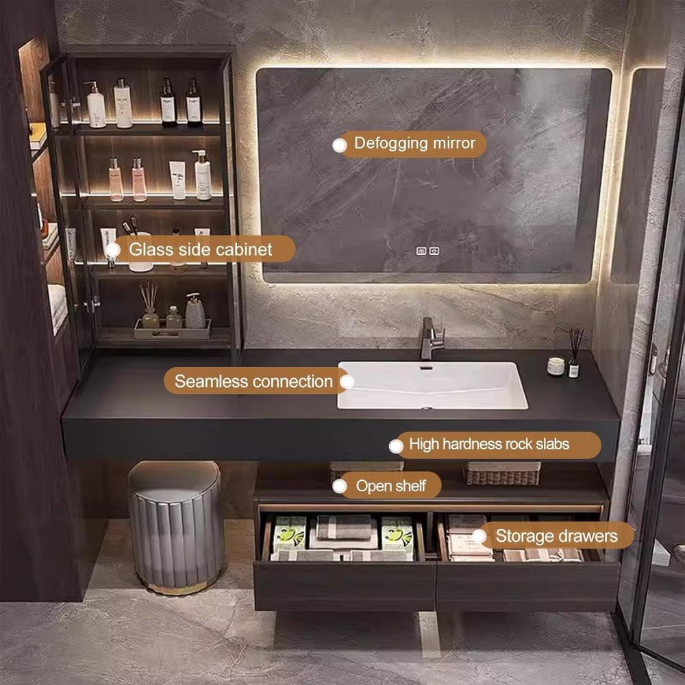 96IN Bathroom Vanity with Sink - Modern Vanity with Square Smart Defog Mirror & LED Glass Side Cabinet, Large Countertop, Includes Makeup Stool & Accessories, Walnut