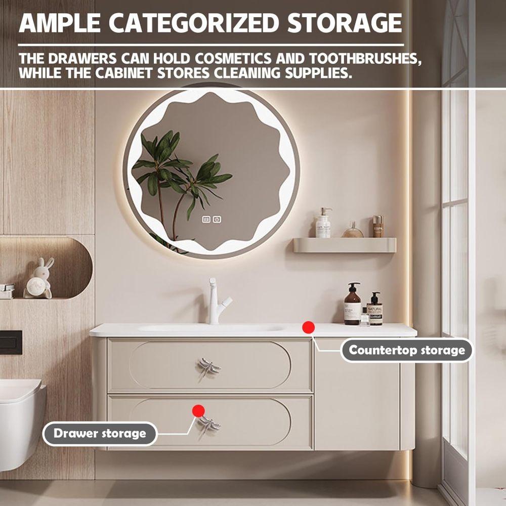 96IN Modern Solid Wood Bathroom Vanity with Sink - Single Floating Sink Design, Bathroom Vanity Cabinet with Smart Anti-Fog Mirror, Stylish Integrated Stone Sink - Easy to Install Mirror.1