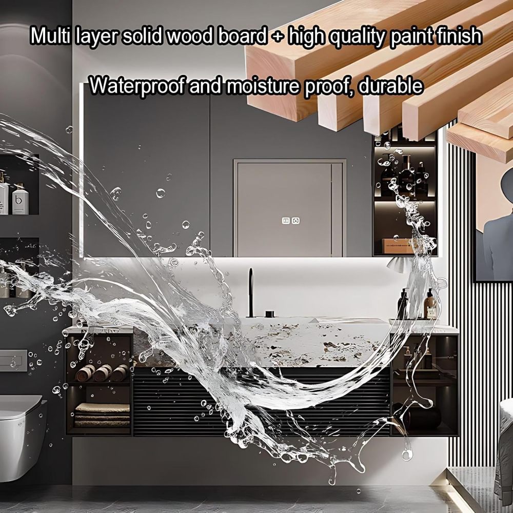 102IN Bathroom Vanity - Luxury Bathroom Vanity with Smart Defog Mirror Cabinet, Floating Sink Cabinet with Multiple Storage Areas & Seamless Sink, No Assembly Required