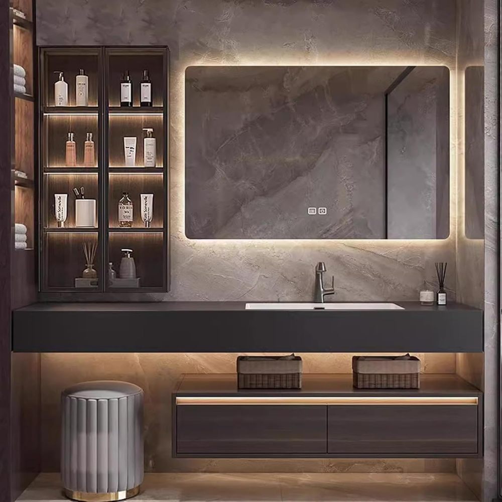 96IN Bathroom Vanity with Sink - Modern Vanity with Square Smart Defog Mirror & LED Glass Side Cabinet, Large Countertop, Includes Makeup Stool & Accessories, Walnut