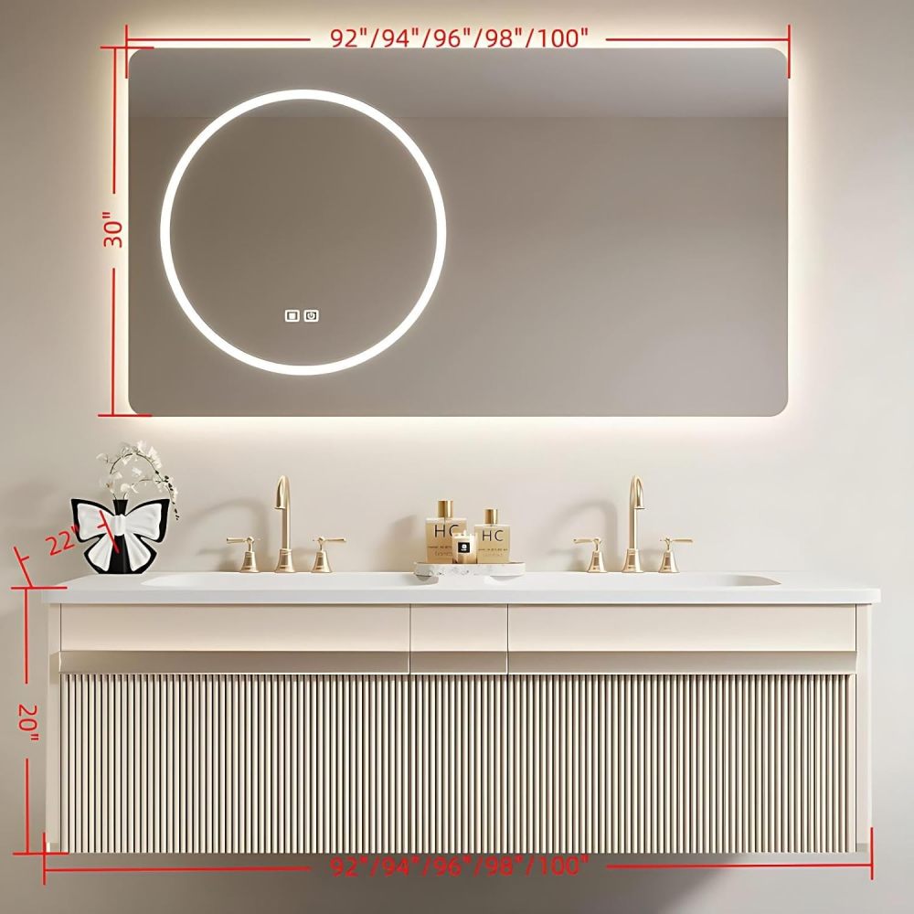 98 inch Double Sink Bathroom Vanity - Bathroom Vanity with Smart Defogging Mirror, Floating Storage Sink Cabinet with Ambient Light, Includes Accessories, Beige